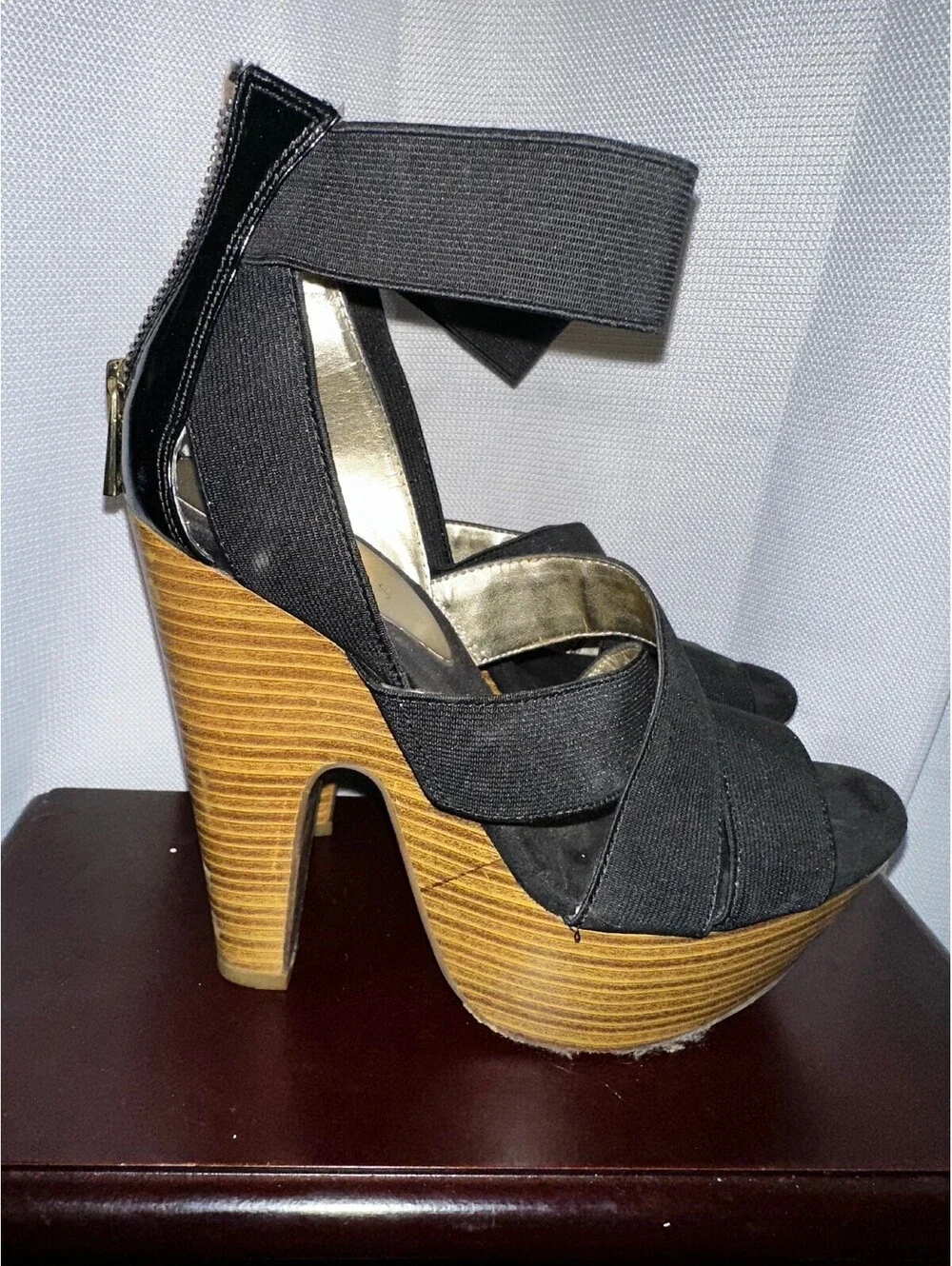 Black High Heel Platform Sandals Wooden Stacked Heels 8 1/2